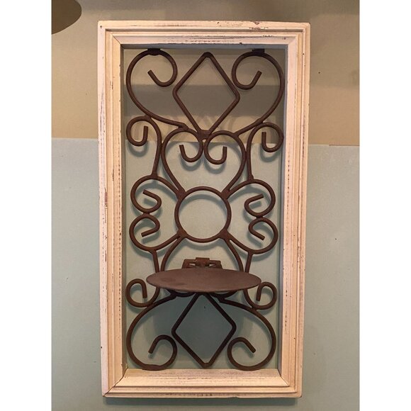 Rustic Iron Wall Candle Holder In Distressed Off White Wooden Frame - Picture 1 of 5